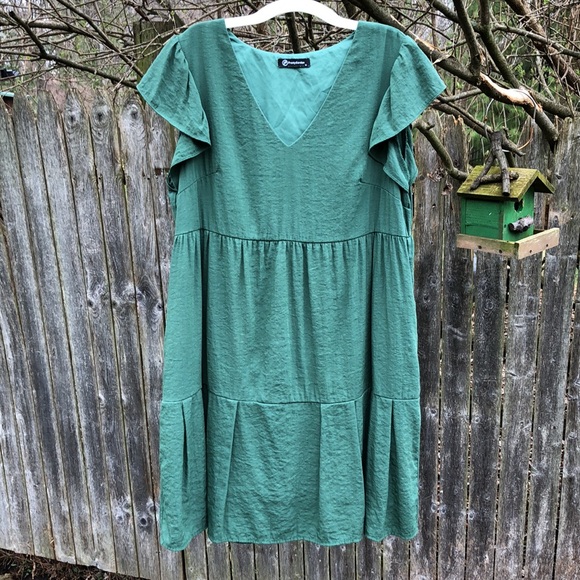 PrettyGarden Dresses & Skirts - M Green Cotton Dress Pockets Flowy Ruffle Lined Midi Spring